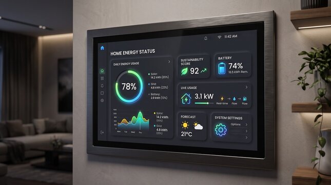 Smart home energy monitoring system displaying real time sustainability metrics on wall mounted digital interface with sustainability scores modern living space