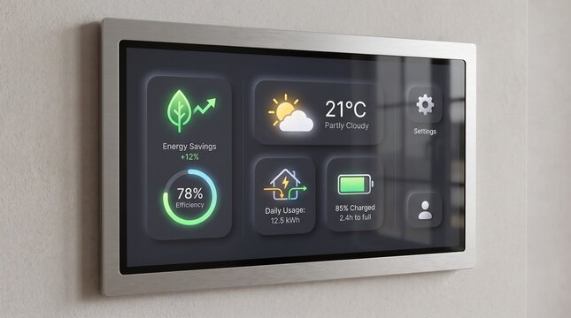 Smart home energy management wall display showing efficiency metrics and battery status with minimalist interface with statistics weather information