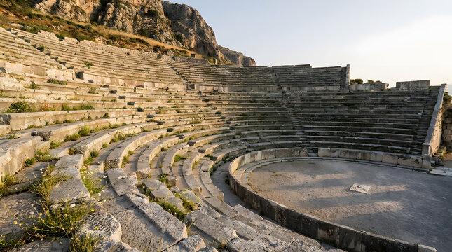 Ancient priene theater ruins, stone tiers, circular orchestra, mountain scenery, rocky landscape. Suitable for history, travel, archaeological, and ancient civilization concepts.