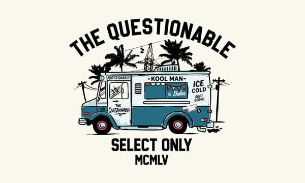 Retro illustration of a questionable ice cream truck with palm trees and vintage typography.