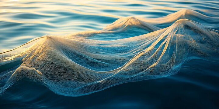 Fishing net floats on ocean water, golden sunrise