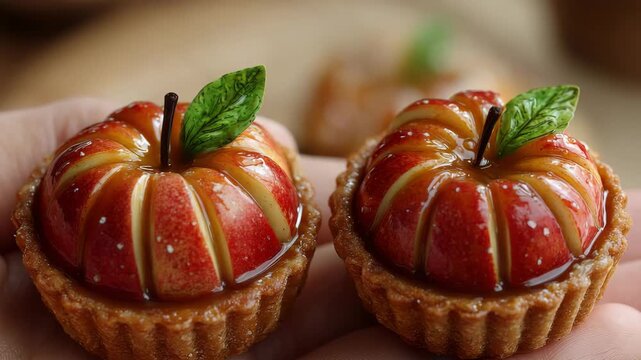 Caramel apple tarts with leaf decorations arranged on elegant white plate Mini Caramel Apple Tarts a cozy dessert concept