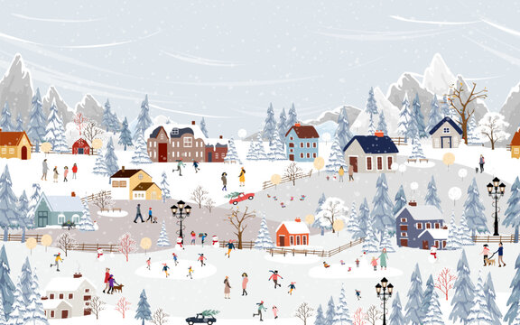 Winter Christmas Village Seamless Pattern With Snowy Landscape, Houses, People, Pine Forest And Mountains, Holiday Illustration For New Year Background, Seasonal Wallpaper And Festive Textile Design.
