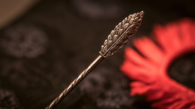 hairpin. An ornate hairpin and a vibrant red collar on a dark textile background. event programs, museum guides, designed for cultural heritage projects and event programs, used by devops engineers.