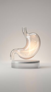 Glass stomach model on pedestal. Human organ anatomy concept for medical study and digestive health research. Scientific representation of stomach function with internal light glow.