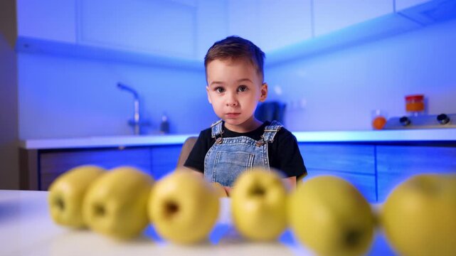 Boy seated behind row of yellow apples. A low viewpoint places soft fruit shapes across the foreground of the blue kitchen.