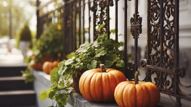 Autumn garden walkway decorated with pumpkins and baskets in rustic style Halloween decoration concept of sweet indulgence Non-food trick-or-treat options