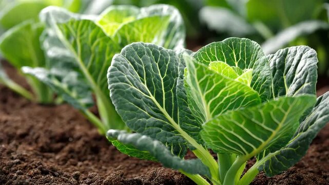 Fresh green leafy vegetable plants growing in soil inside a greenhouse garden bed Planting Cold-Hardy Vegetables concept of organic farming