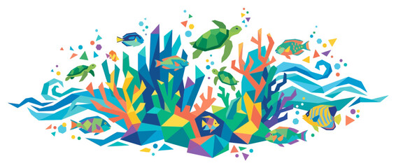 Colorful Geometric Low Poly Coral Reef Underwater Scene © caca