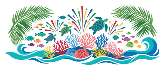 Colorful Tropical Coral Reef Underwater Scene with Sea Turtles and Palm Leaves © caca