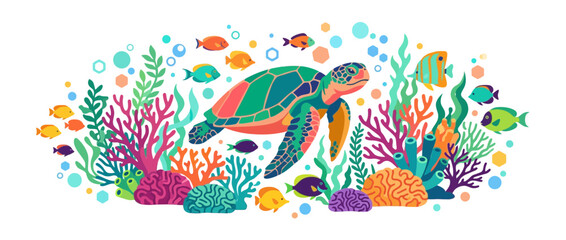 Colorful Sea Turtle Swimming in Vibrant Coral Reef Underwater Scene © caca