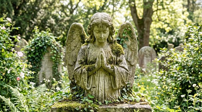 Stone angel statue with folded hands for prayer in a cemetery. Old mossy sculpture of a celestial being. Symbol of mourning, spirituality, peace and memorial in a garden graveyard.