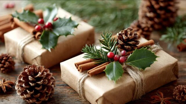 Rustic Christmas gift boxes decorated with natural elements on wooden table presents decorated with pinecones cinnamon sticks holly berries Concept of eco-friendly Christmas
