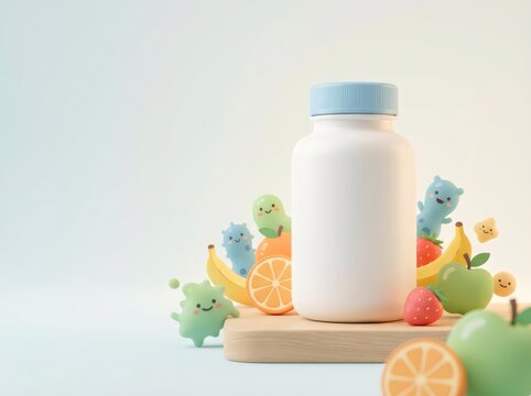 White plastic bottle for vitamins surrounded by cute fruit characters. Healthy supplement container mockup with cartoon berries. Nutrition product presentation for child health care.