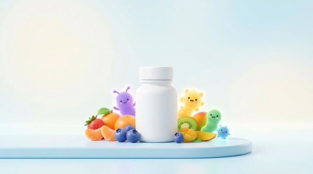 White plastic bottle with blank label surrounded by fresh fruit and cute cartoon probiotics. Concept of dietary supplement, vitamin, healthy nutrition and digestive health maintenance.