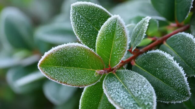 Frost-covered green leaves with ice crystals on edges in close-up view Protecting Perennials from Frost winter chill