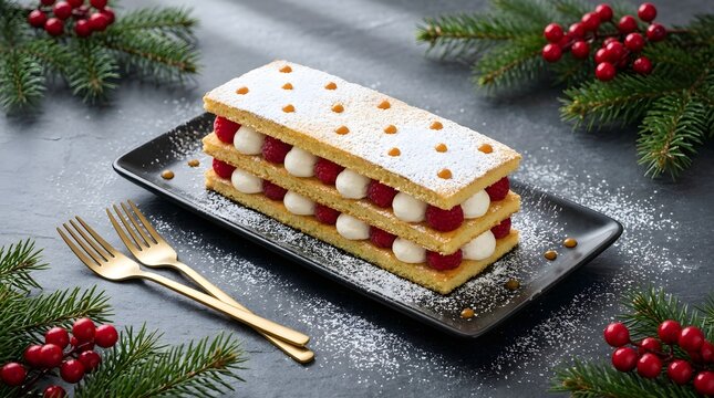 Festive layered sponge cake with cream and fresh raspberries, decorated with powdered sugar and gold sprinkles on black plate with pine branches