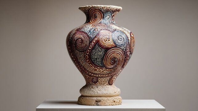amphora. A restored ceramic amphora on a stone pedestal, painted with intricate spiral and octopus tentacle patterns. event programs.