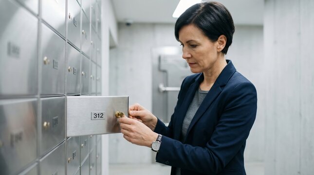 Woman opening safe deposit box in bank vault. Businesswoman using key to access private storage locker. Finance security, wealth management and banking service concept for high privacy.