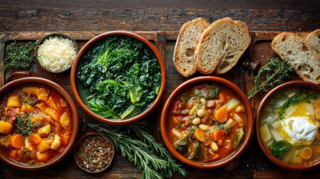 Assorted healthy vegetable soups with greens and bread on rustic wooden table Make-Ahead Fall Soups concept of healthy homemade comfort food