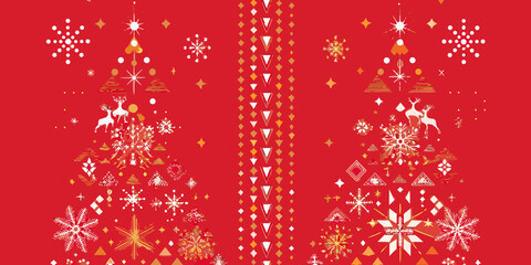 Geometric christmas tree and reindeer pattern on a red background © Prodip