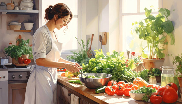Woman preparing vegetables kitchen