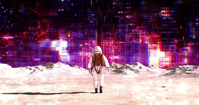 Astronaut walking forward on alien world terrain with digital skyscraper city skyline. Abstract Digital Space City Concept.