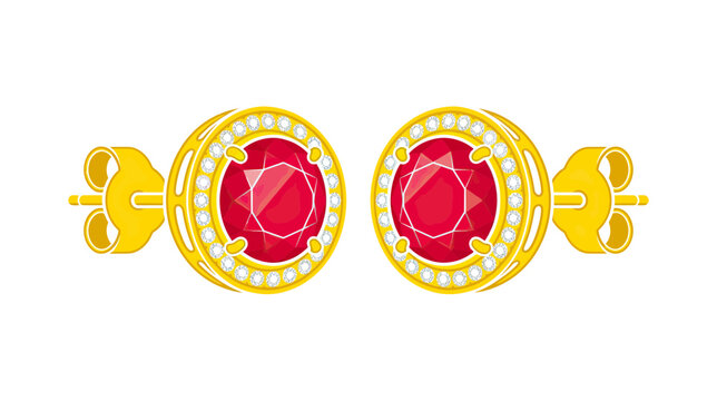 Elegant Gold Ruby Gemstone Stud Earrings Isolated