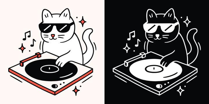 DJ cat vinyl record player turntable outline drawing funny pet playing music disco party line art ink illustration. Analog retro vintage 80s black and white red aesthetic doodle sticker design print.