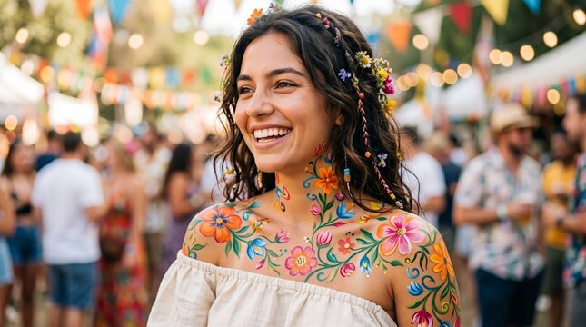 Woman with floral body paint at summer music festival. Smiling girl decorated with colorful flower patterns on skin. Concept of boho style, youth, outdoor celebration and party joy.