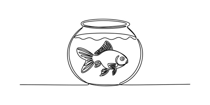 A small goldfish swimming inside a round glass fishbowl continuous line drawing