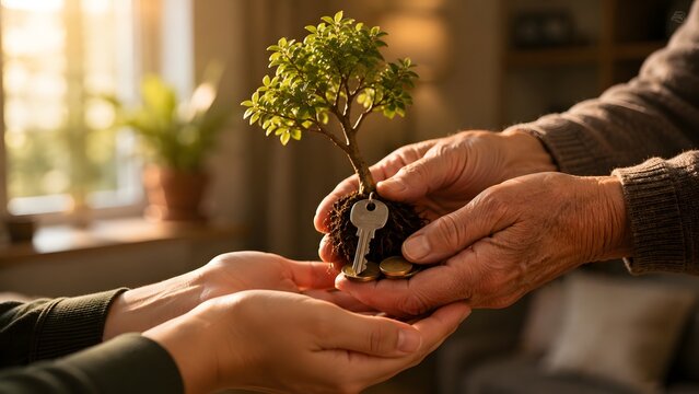 Elderly hands passing small tree with house key to younger hands, concept of inheritance and real estate investment, family legacy and home ownership