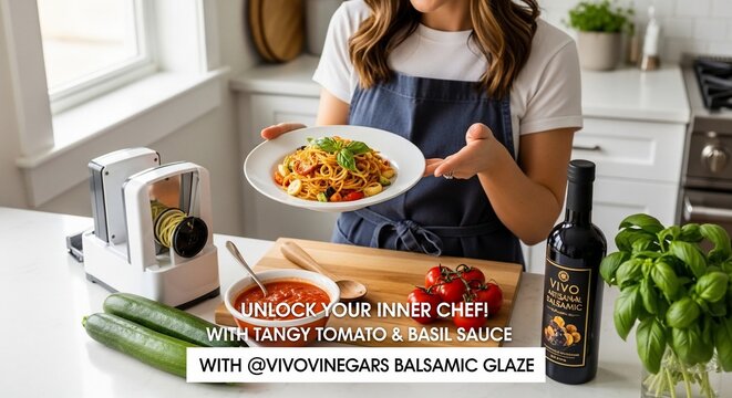 Woman presenting pasta dish kitchen setting
