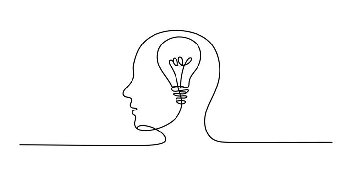 Continuous single line drawing of a human head with a light bulb inside