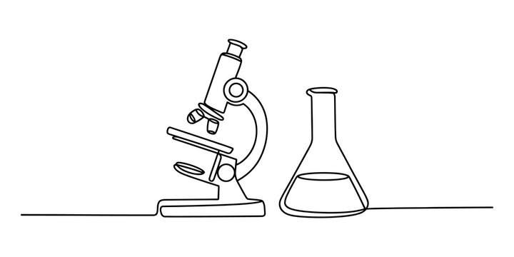 Microscope and laboratory flask drawn with one continuous black line art