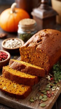 Freshly baked pumpkin bread with spices on rustic wooden table surface Loaf of pumpkin bread sliced on a wooden board nuts and spices visible inside autumnal homemade baking concept