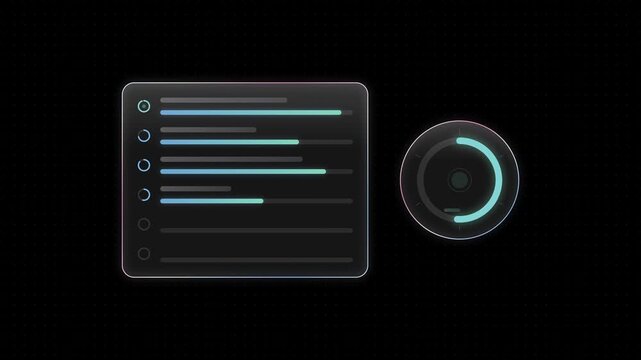 Sleek glass UI design showcasing course progress with a semi-transparent panel in white and azure rim, alongside a circular progress indicator in vibrant blue and green, set against a dark background.