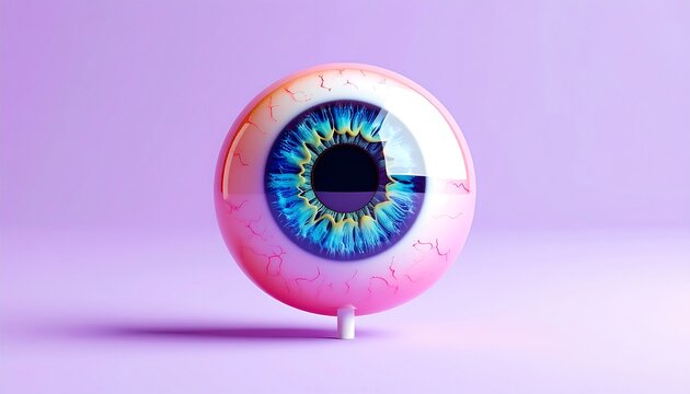 giant 3d realistic eyeball with blue iris standing on small white stand