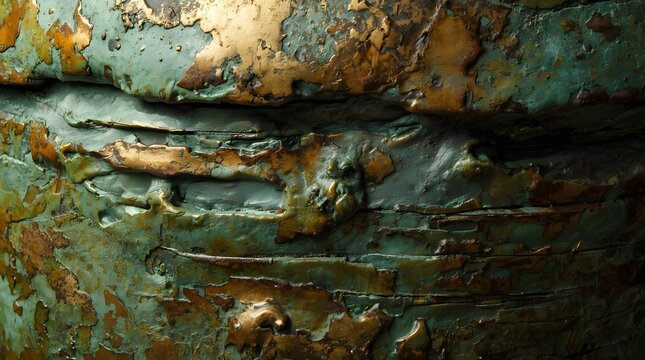 Abstract close-up of dramatically textured surface, revealing intricate layers of emerald green patina contrasting with glimpses of aged bronze, a captivating study in rustic natural decay