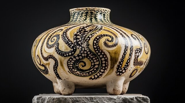 amphora. A restored ceramic amphora on a stone pedestal, painted with intricate spiral and octopus tentacle patterns. event programs.