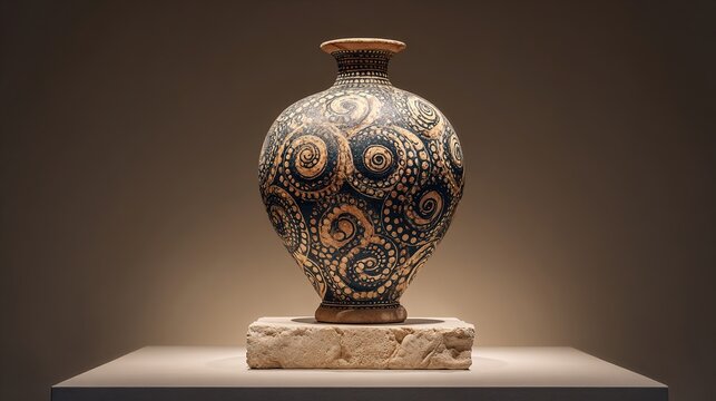 amphora. A restored ceramic amphora on a stone pedestal, painted with intricate spiral and octopus tentacle patterns. event programs.