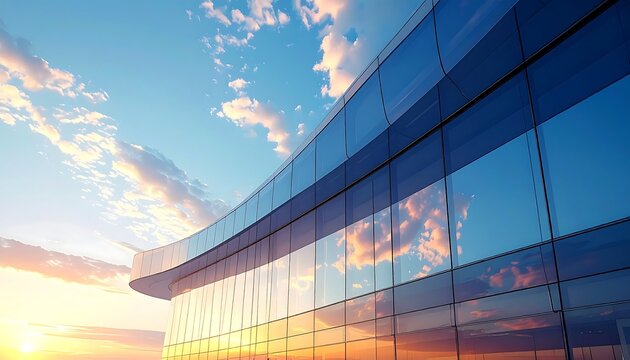 low angle view of modern curved glass building reflecting sky at sunset