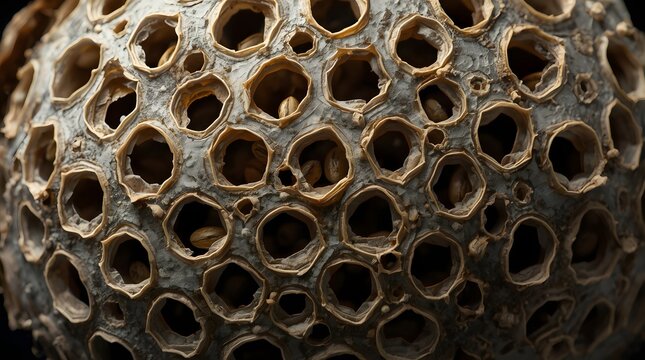 Cinematic close-up of a dried lotus seed pod with detailed circular holes of varying sizes