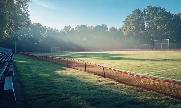 Soccer field sunrise, misty morning, empty bleachers