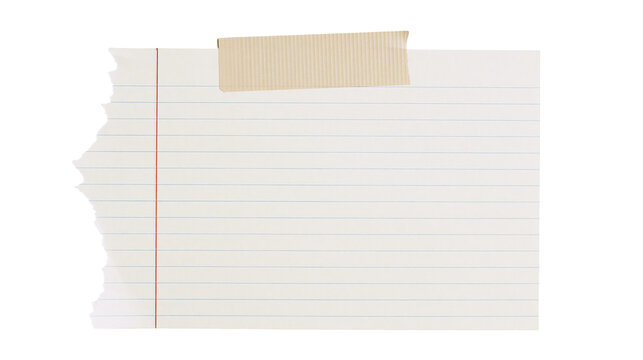 Torn lined paper secured with beige tape, isolated on transparent background