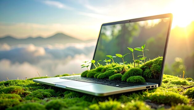 Green plants growing inside laptop screen