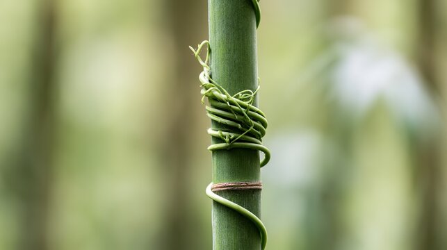 tightly. Green vine spiraling tightly around a smooth bamboo pole in sunlight. event programs, museum guides, designed for cultural heritage projects and event programs, elevates cultural identity.
