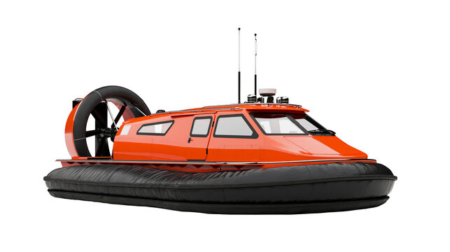 Orange hovercraft with large fan and black skirt, isolated on transparent background