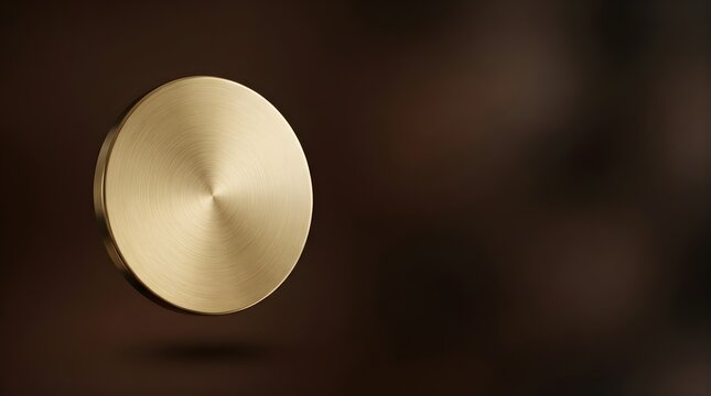 Golden metallic circular disc floating in a dark professional setting