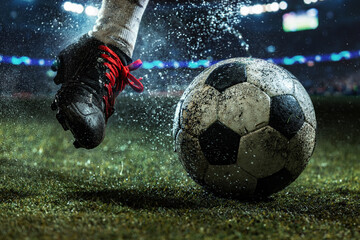 Fototapeta premium Football boot striking worn soccer ball through water spray on saturated stadium grass. Concept of powerful shooting, footwear campaign, dramatic match action.